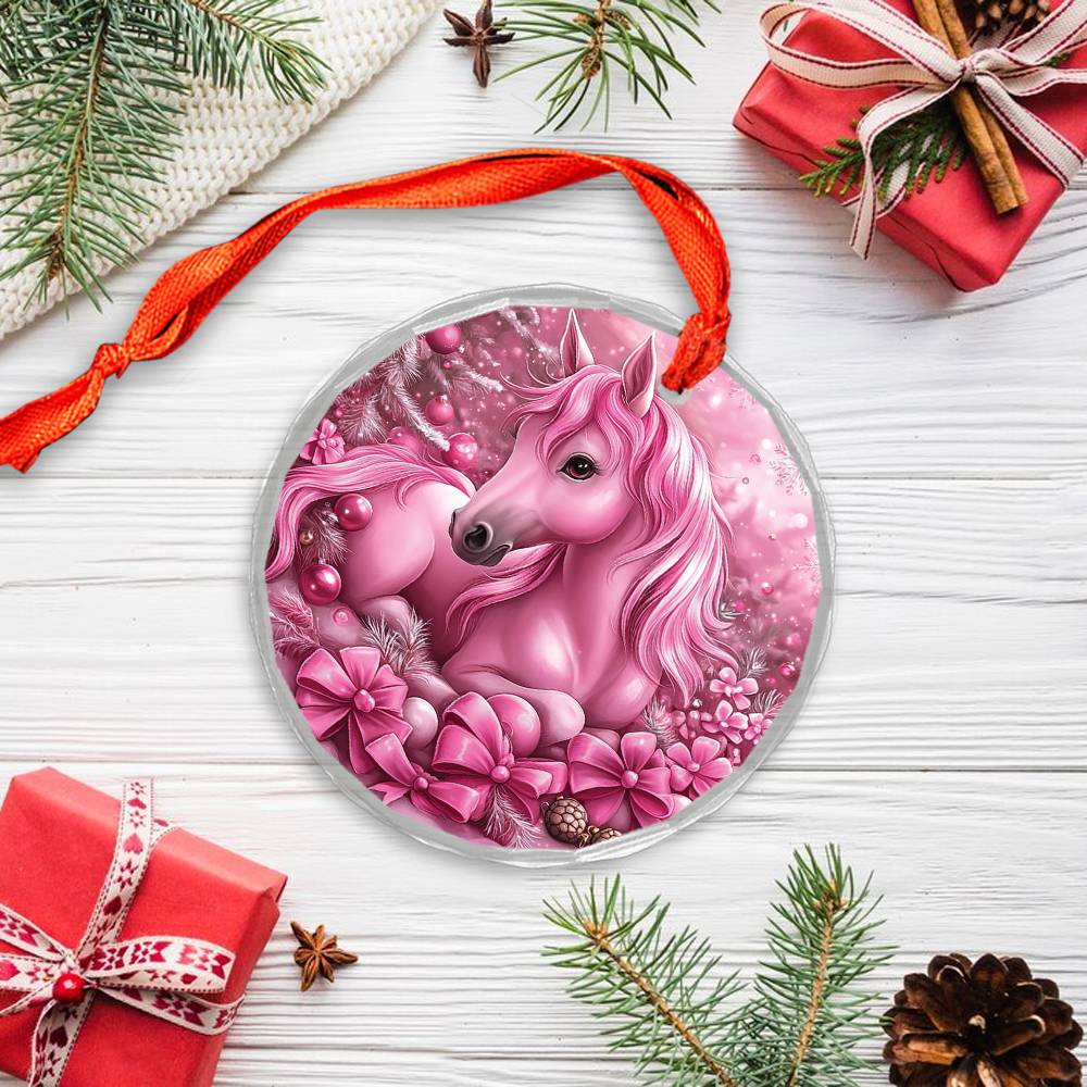 Horse Pink Christmas Design 2 Glass Ornament