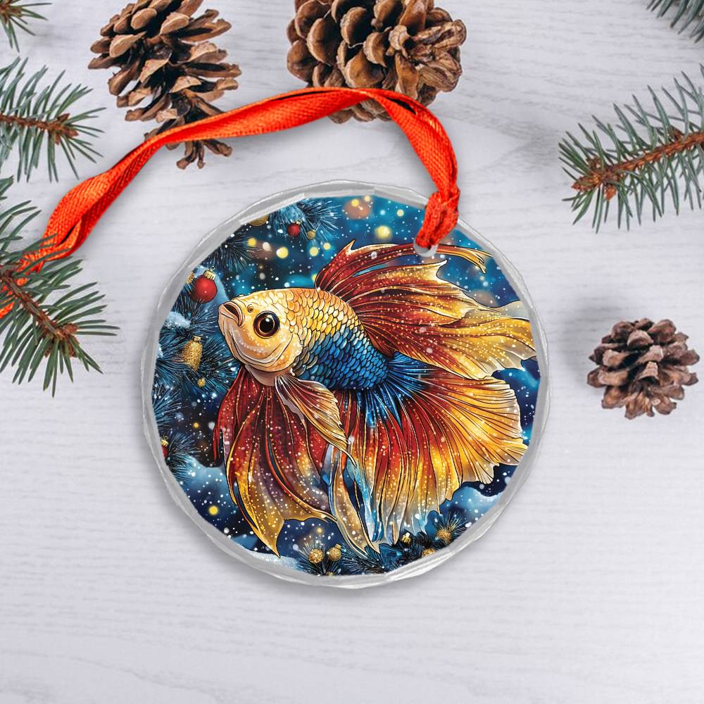 Beautiful Angus Betta Fish Christmas Night Design 2 Glass Ornament