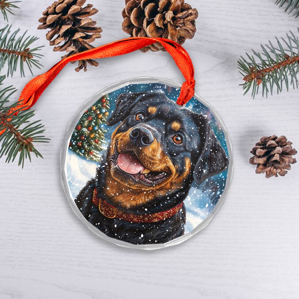 Beautiful Angus Rottweiler Dog Christmas Night Design 4 Glass Ornament