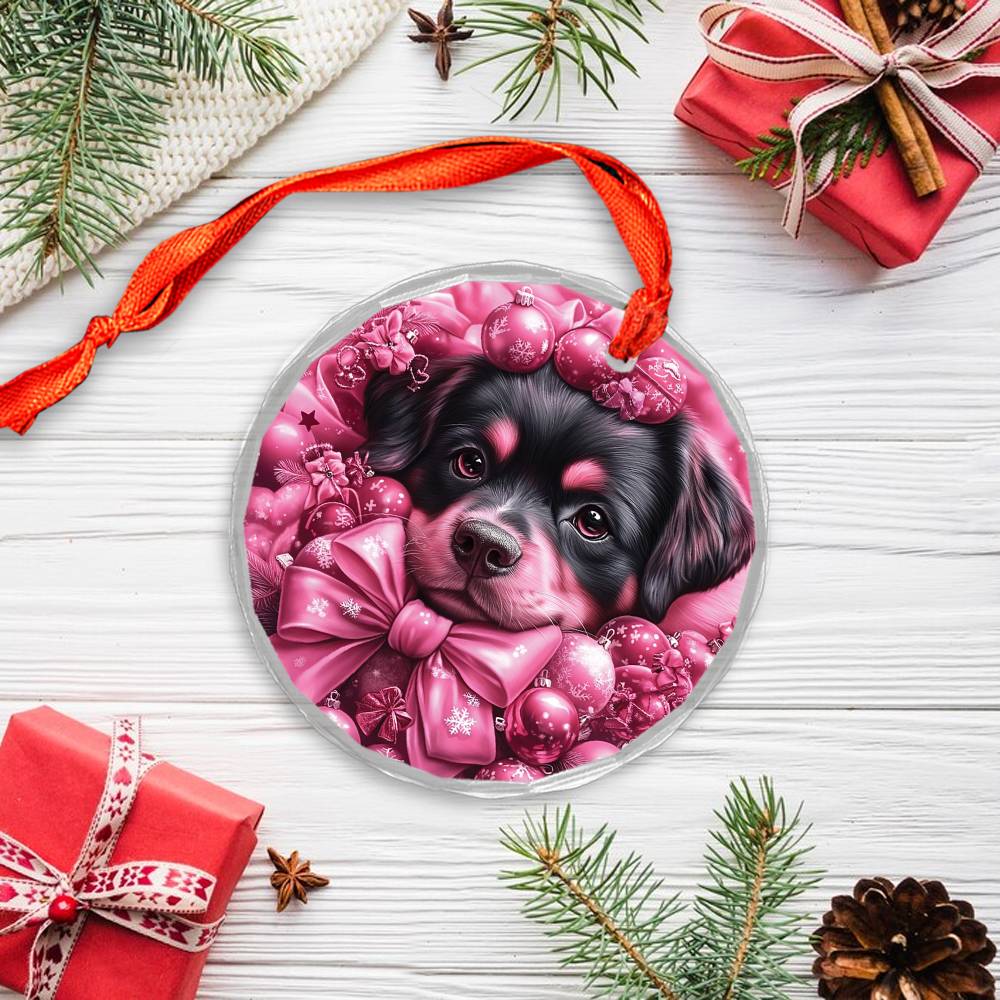 Christmas Rottweiler Dog Pink Christmas Design 1 Glass Ornament