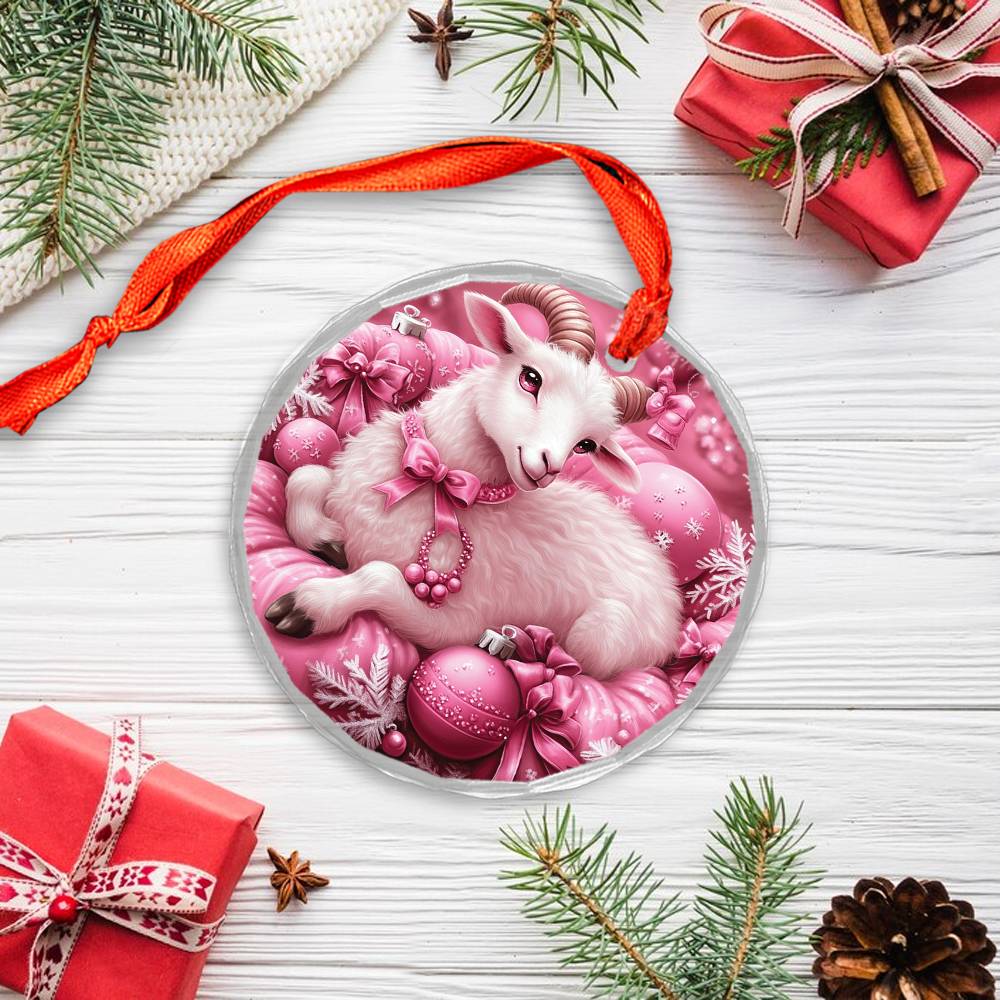 Sheep Pink Christmas Design 2 Glass Ornament