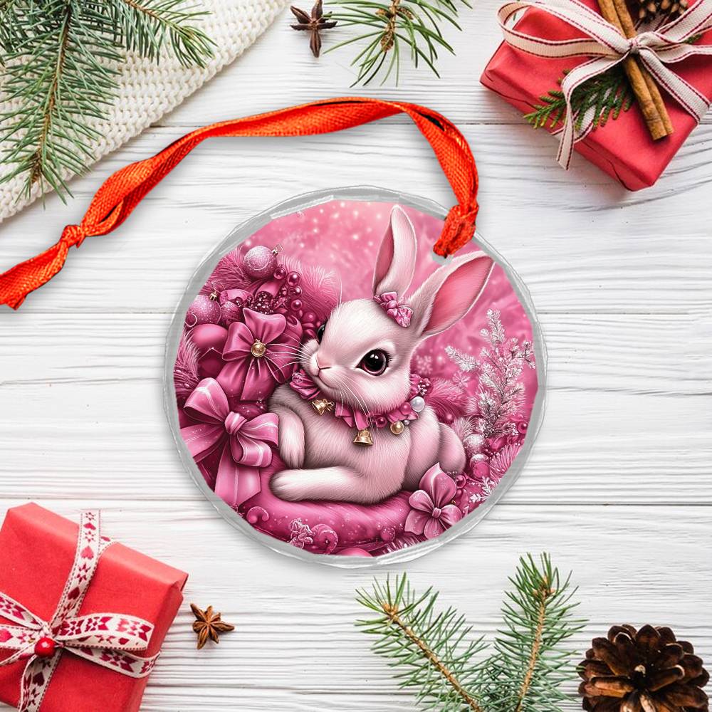 Rabbit Pink Christmas Design 4 Glass Ornament