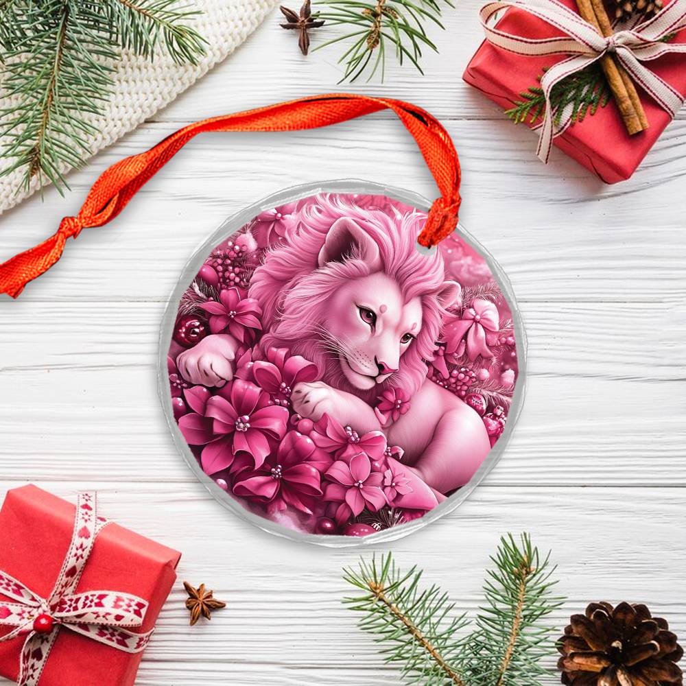 Lion Pink Christmas Design 1 Glass Ornament