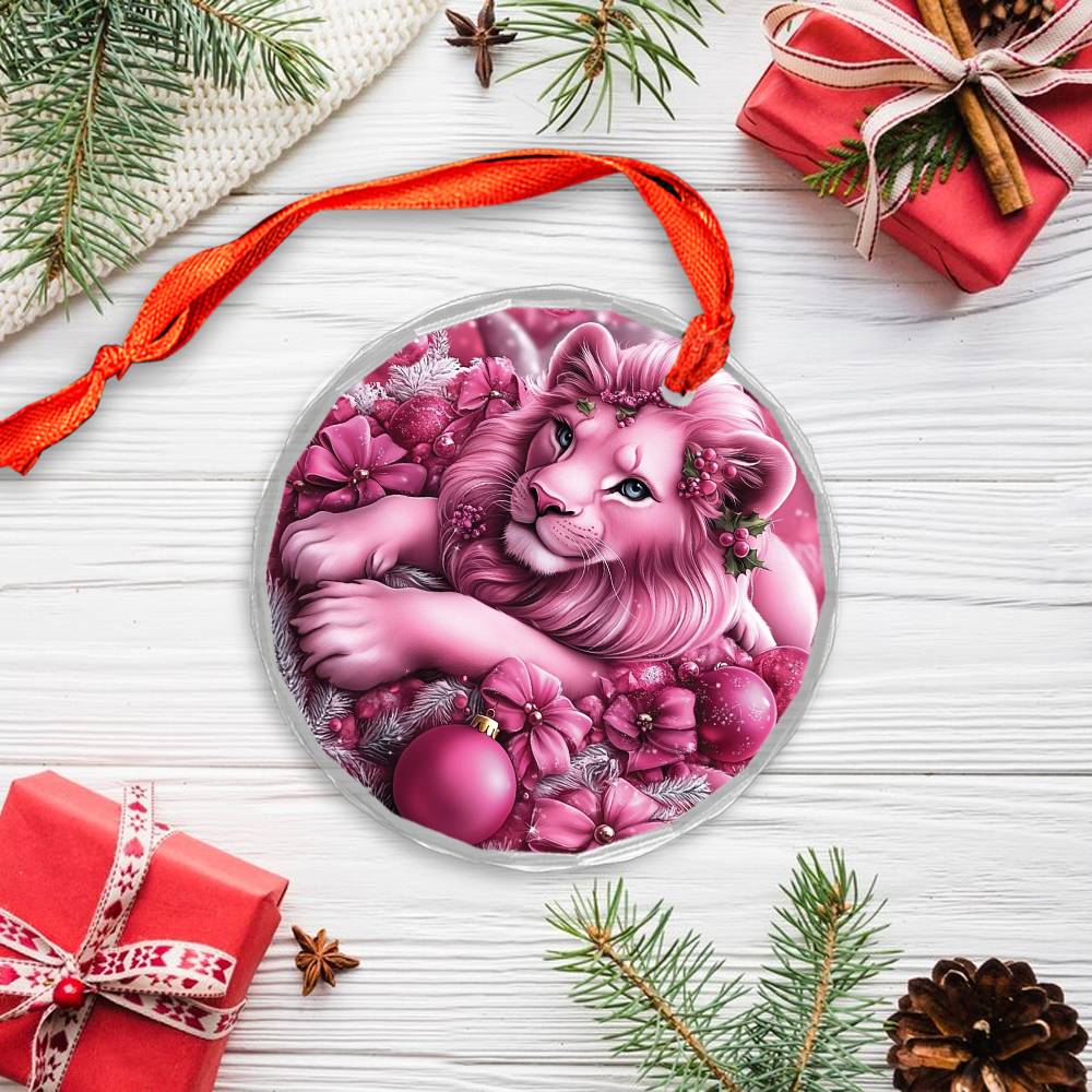 Lion Pink Christmas Design 3 Glass Ornament