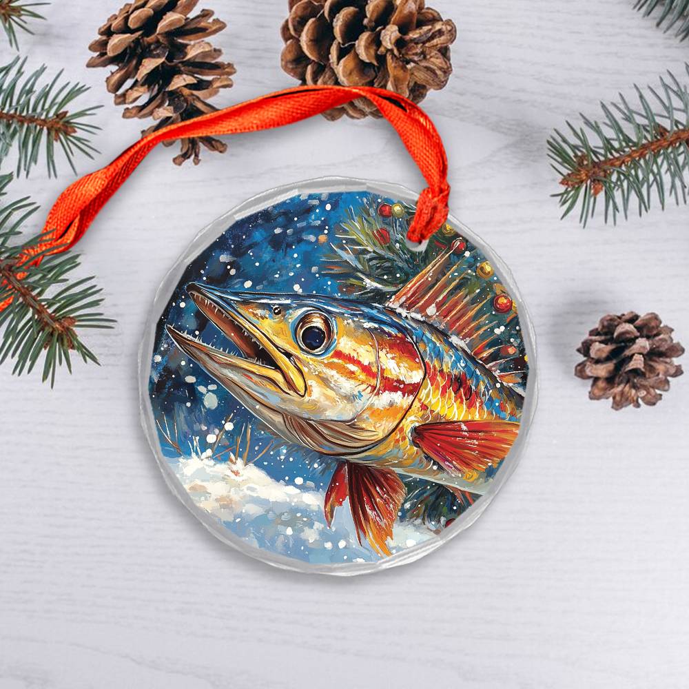 Beautiful Angus Wahoo Fish Christmas Night Design 2 Glass Ornament