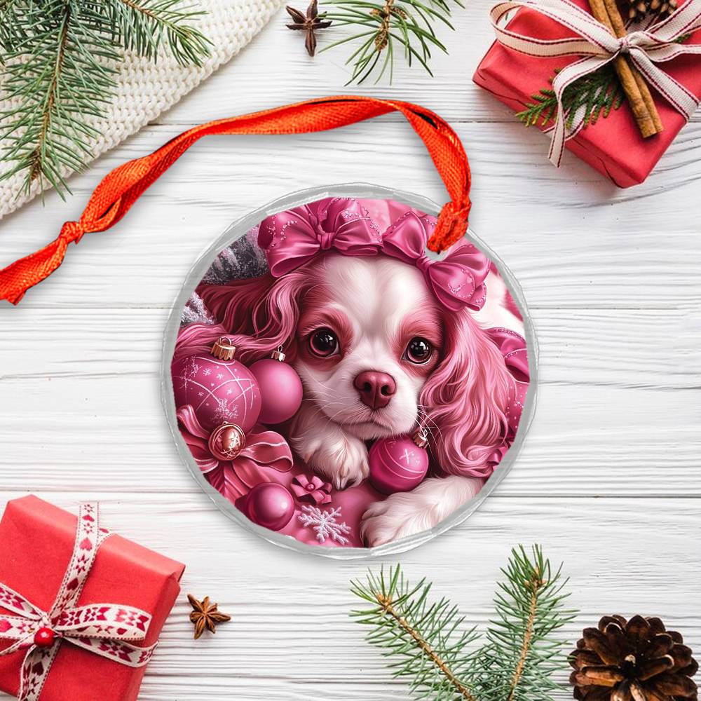 Cavalier King Charles Spaniel Dog Pink Christmas Design 2 Glass Ornament