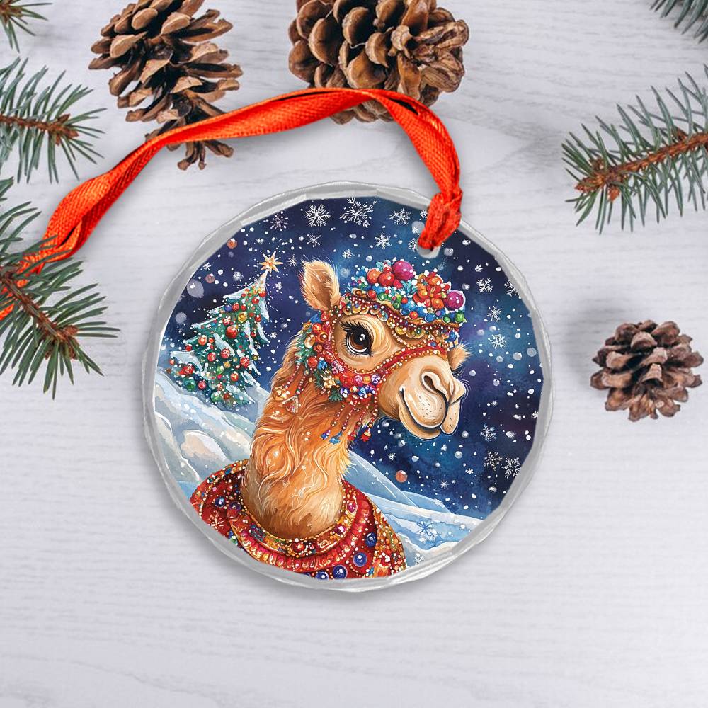 Beautiful Camel Christmas Night Design 4 Glass Ornament