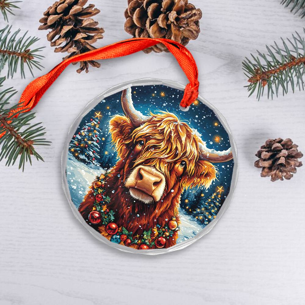 Beautiful Highland Cow Christmas Night Design 4 Glass Ornament
