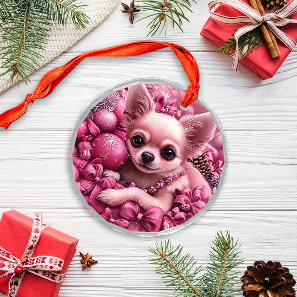 Chihuahua Dog Pink Christmas Design 3 Glass Ornament