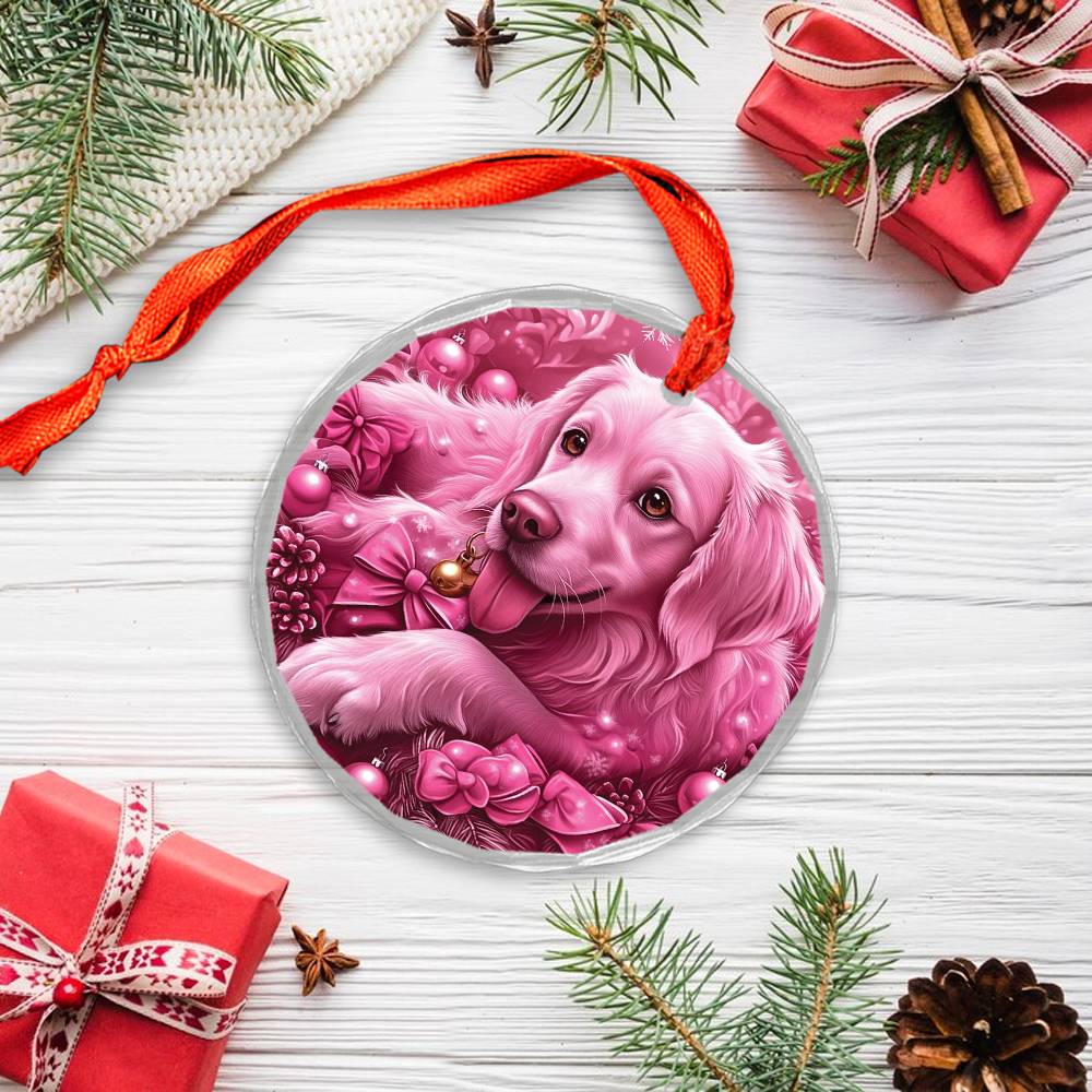 Golden Retriever Dog Pink Christmas Design 2 Glass Ornament