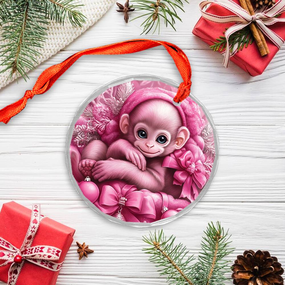 Monkey Pink Christmas Design 2 Glass Ornament