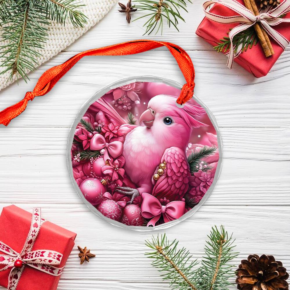 Parrot Pink Christmas Design 3 Glass Ornament