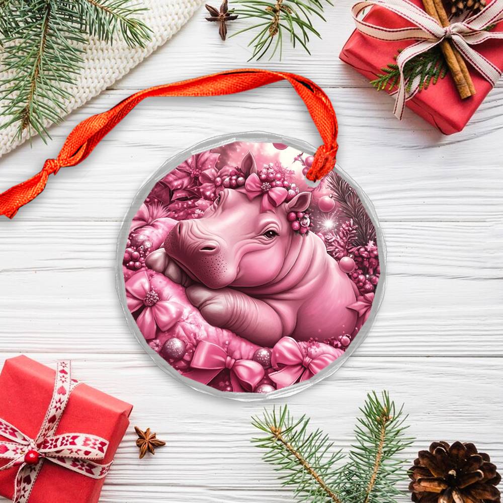 Hippo Pink Christmas Design 2 Glass Ornament