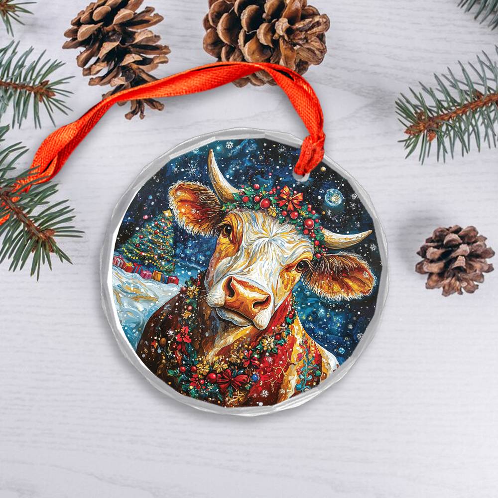 Beautiful Dairy Cow Christmas Night Design 1 Glass Ornament