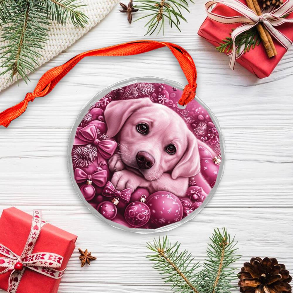 Labrador Retriever Dog Pink Christmas Design 3 Glass Ornament