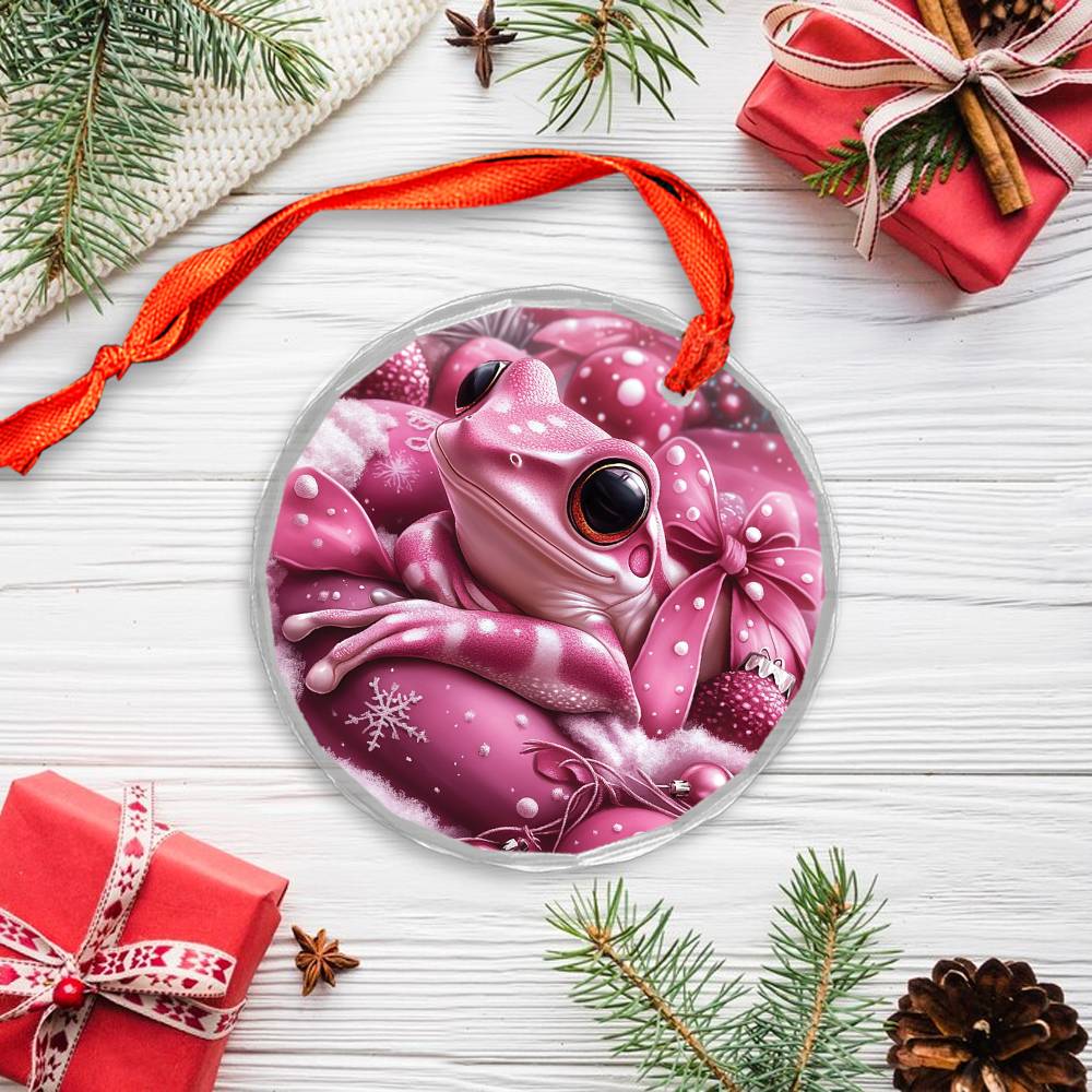 Frog Pink Christmas Design 1 Glass Ornament