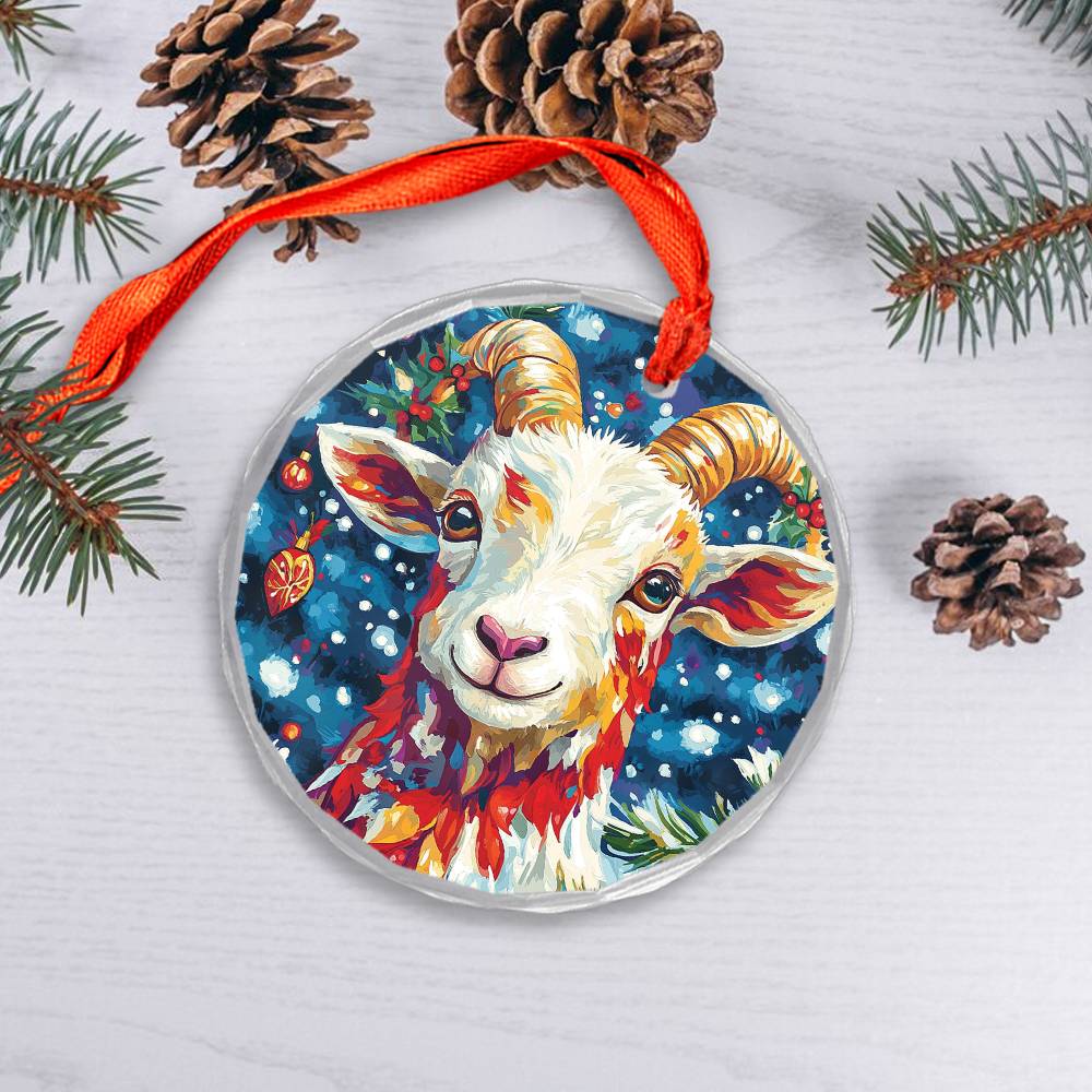 Beautiful Goat Christmas Night Design 1 Glass Ornament