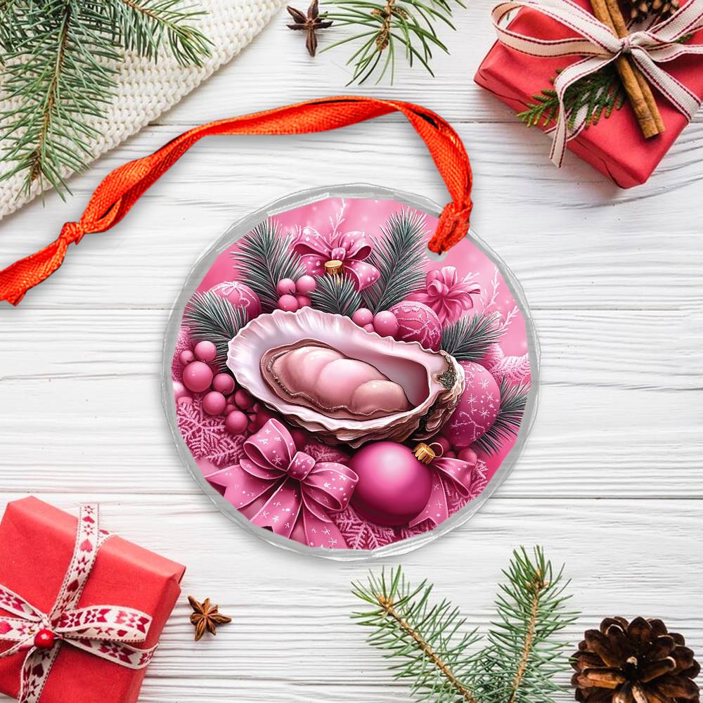 Oysters Pink Christmas Design 1 Glass Ornament