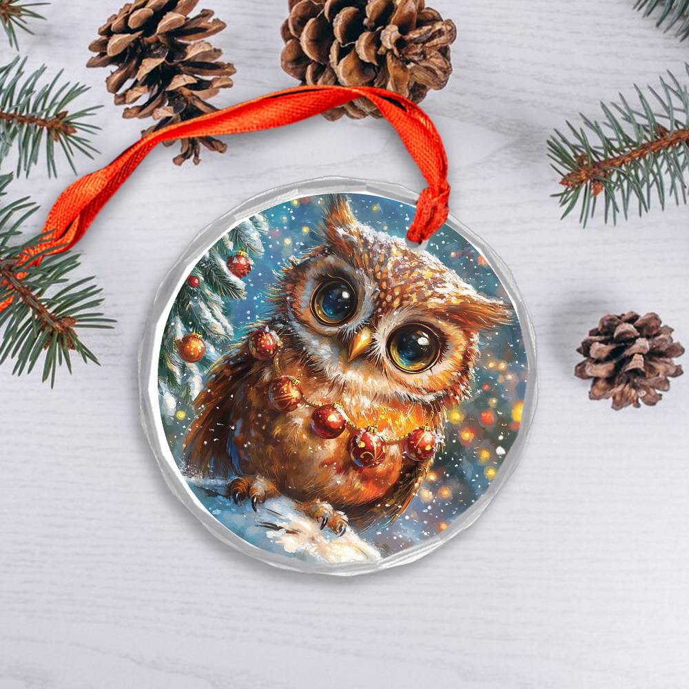 Beautiful Owl Christmas Night Design 3 Glass Ornament