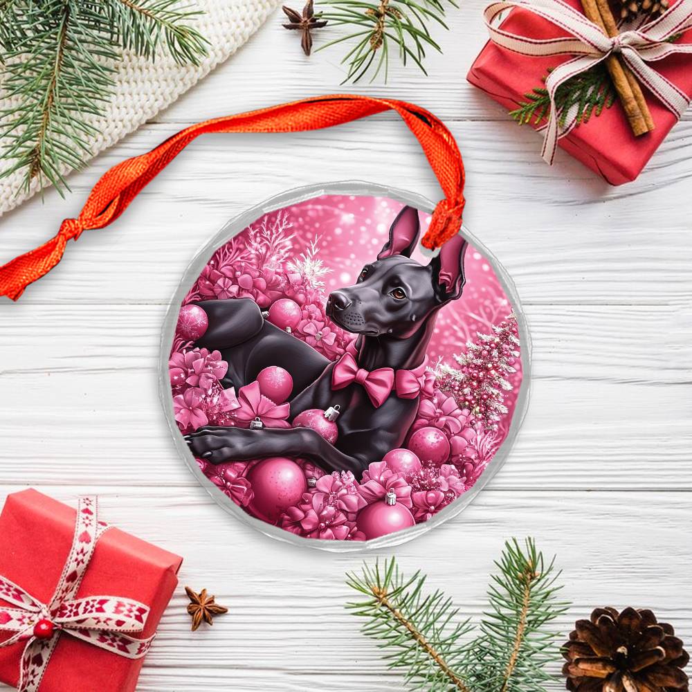 Doberman Pinscher Dog Pink Christmas Design 1 Glass Ornament