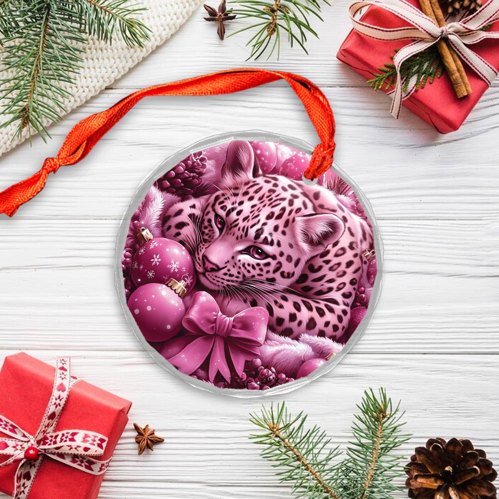 Leopard Pink Christmas Design 1 Glass Ornament
