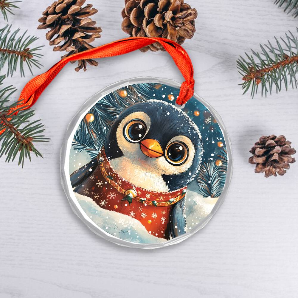 Beautiful Angus Penguin Christmas Night Design 1 Glass Ornament