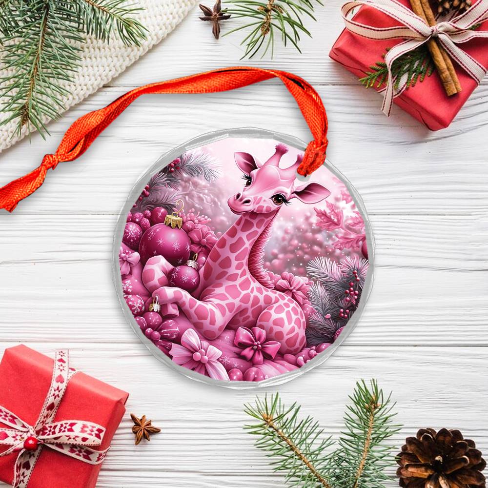 Giraffe Pink Christmas Design 4 Glass Ornament
