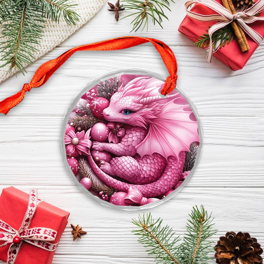 Dragon Pink Christmas Design 3 Glass Ornament