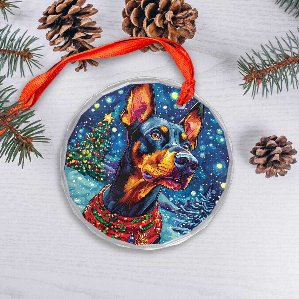 Beautiful Angus Doberman Pinscher Dog Christmas Night Design 1 Glass Ornament