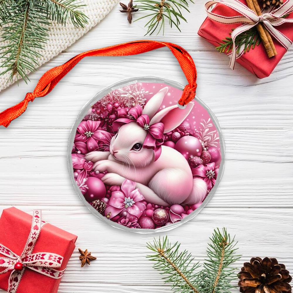 Rabbit Pink Christmas Design 2 Glass Ornament