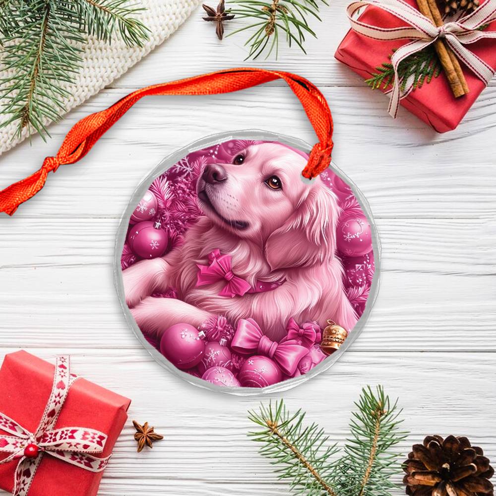 Golden Retriever Dog Pink Christmas Design 3 Glass Ornament