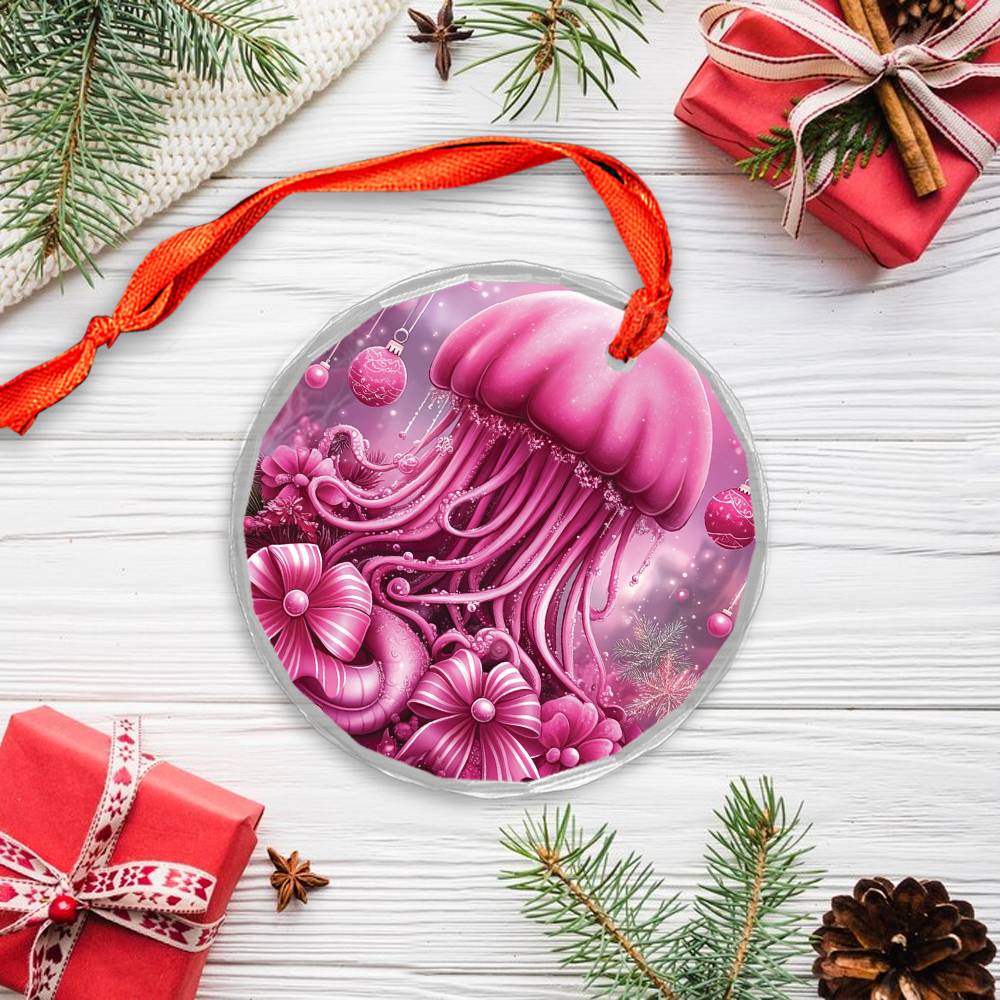 Jellyfish Pink Christmas Design 1 Glass Ornament