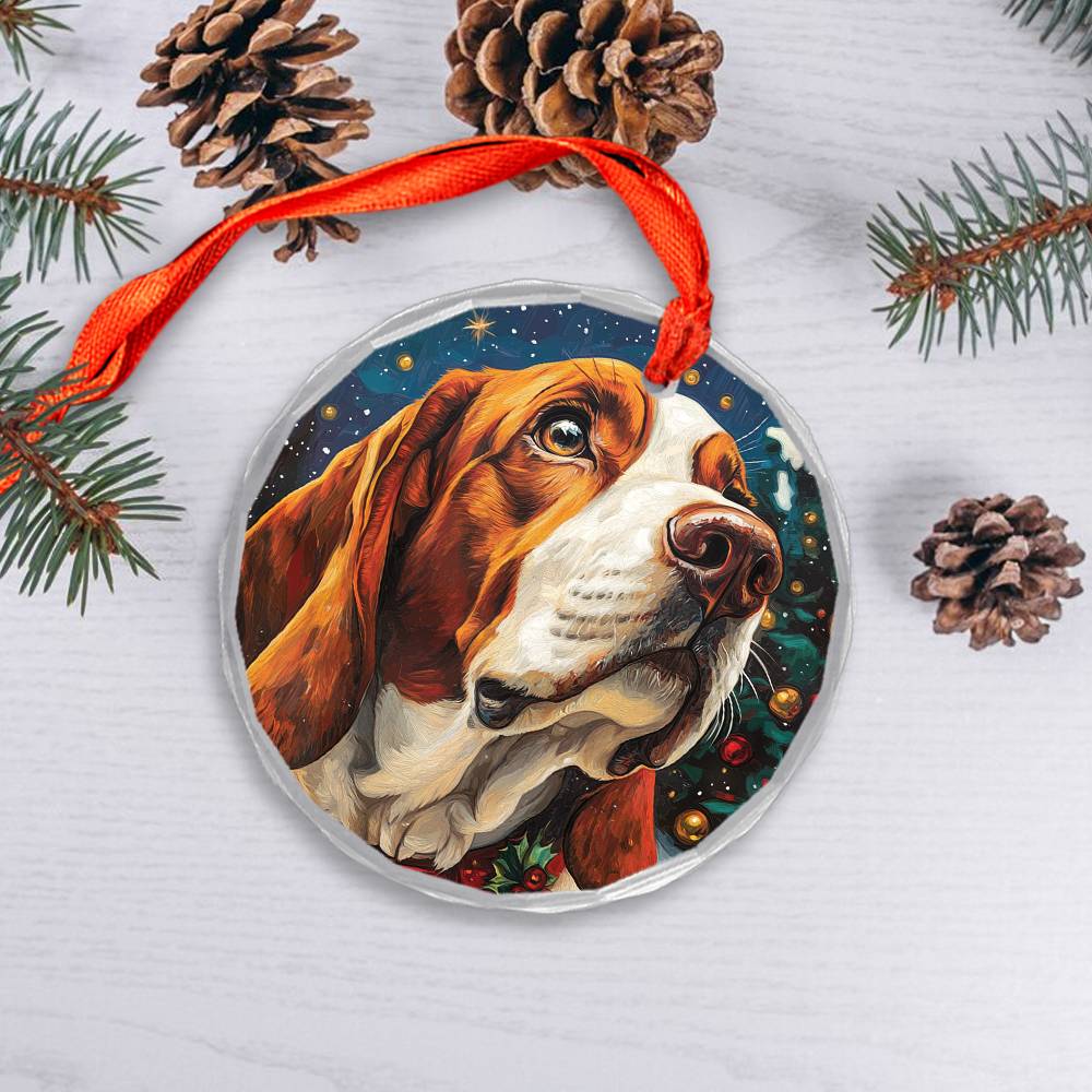 Beautiful Bassett Hound Dog Christmas Night Design 1 Glass Ornament