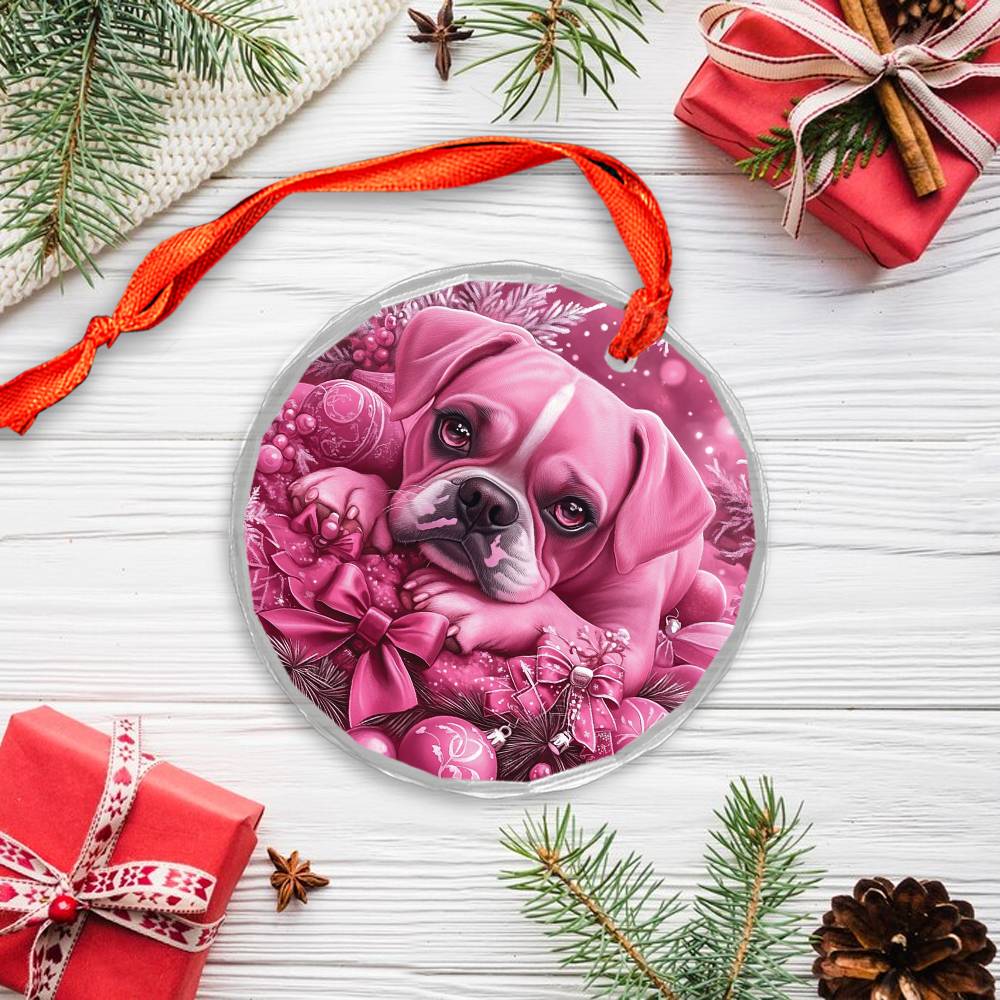 Boxer Dog Pink Christmas Design 2 Glass Ornament