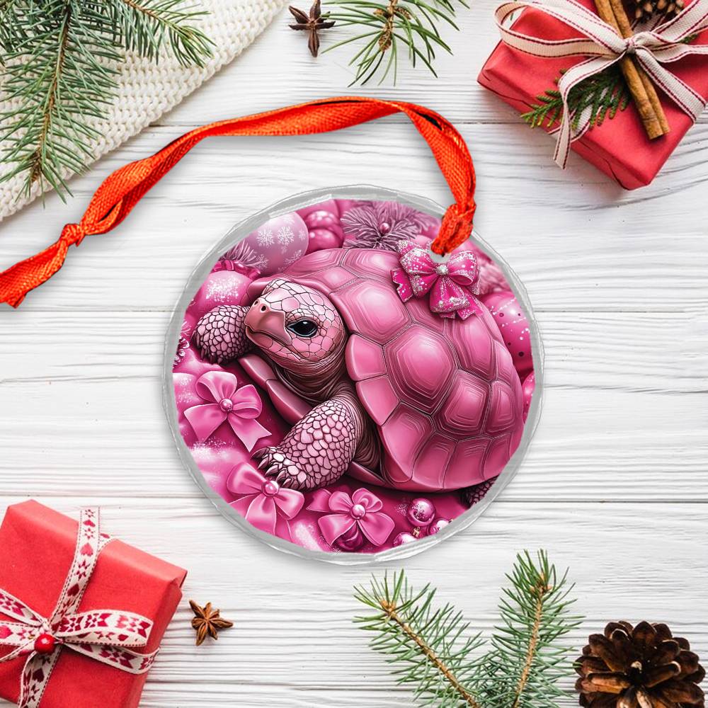 Tortoise Pink Christmas Design 3 Glass Ornament