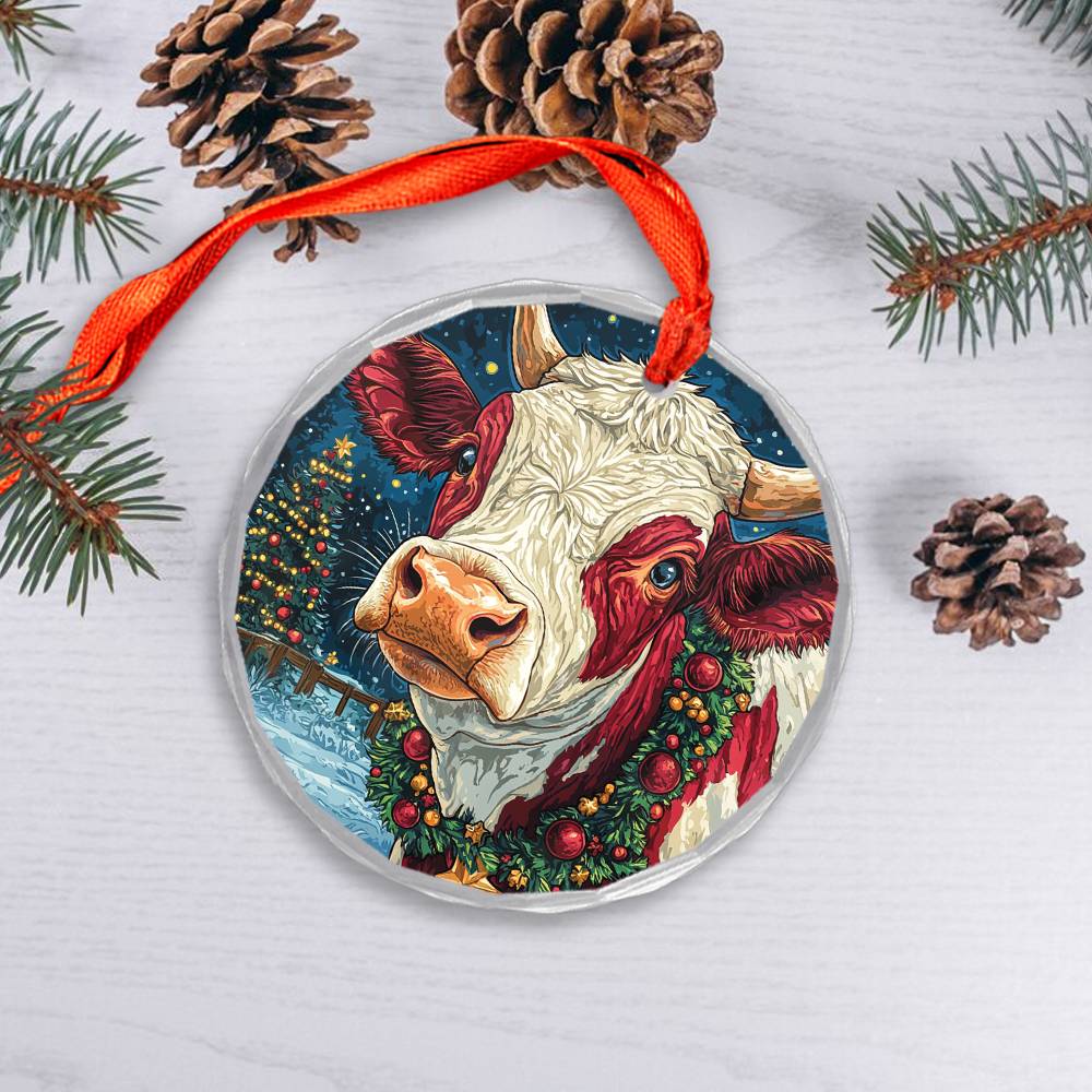 Beautiful Hereford Cow Christmas Night Design 3 Glass Ornament