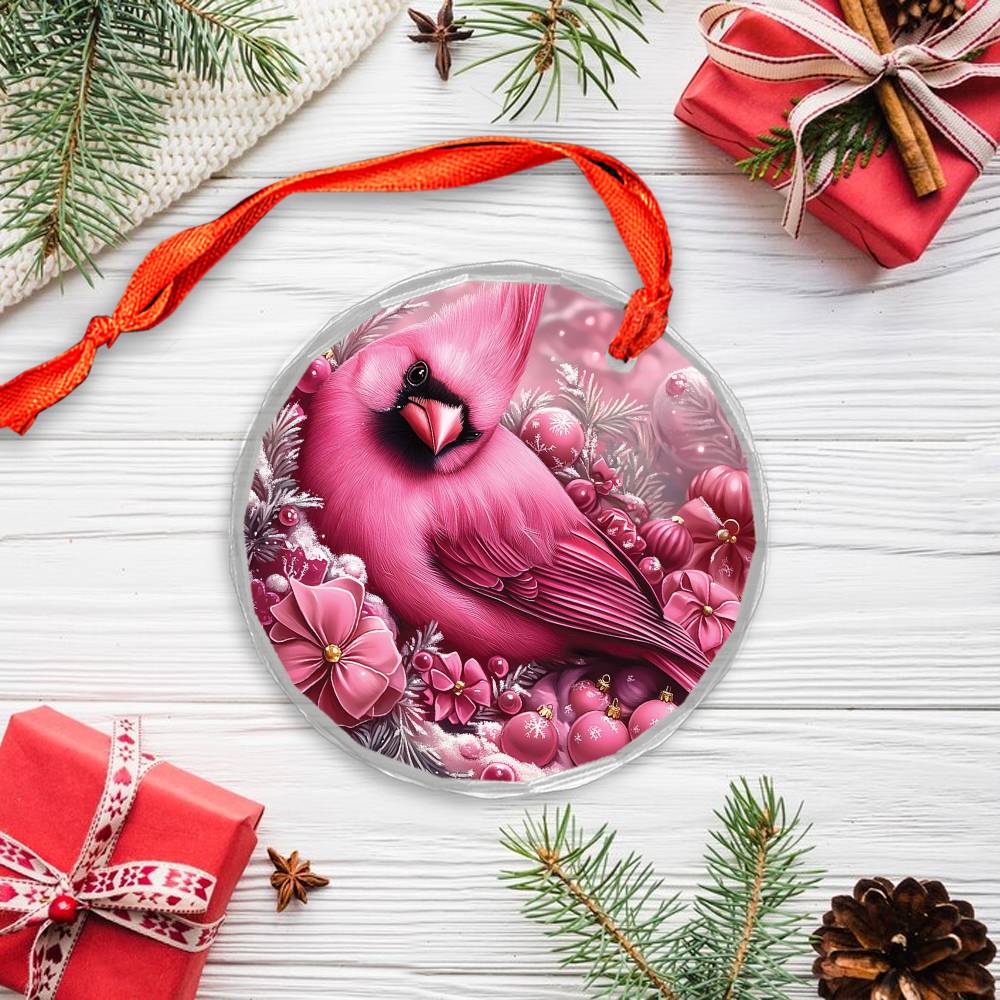 Cardinal Pink Christmas Design 3 Glass Ornament