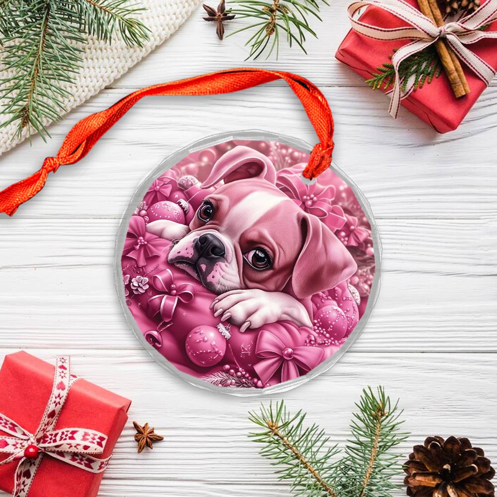 Boxer Dog Pink Christmas Design 1 Glass Ornament