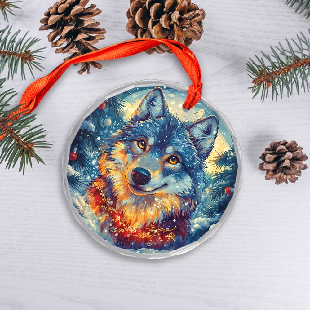 Beautiful Angus Wolf Christmas Night Design 2 Glass Ornament