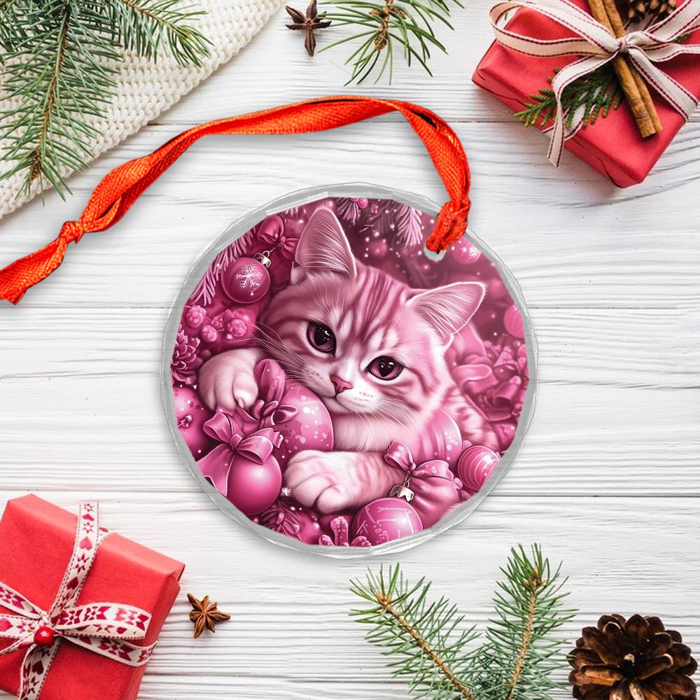 American Shorthair Pink Christmas Design 3 Glass Ornament