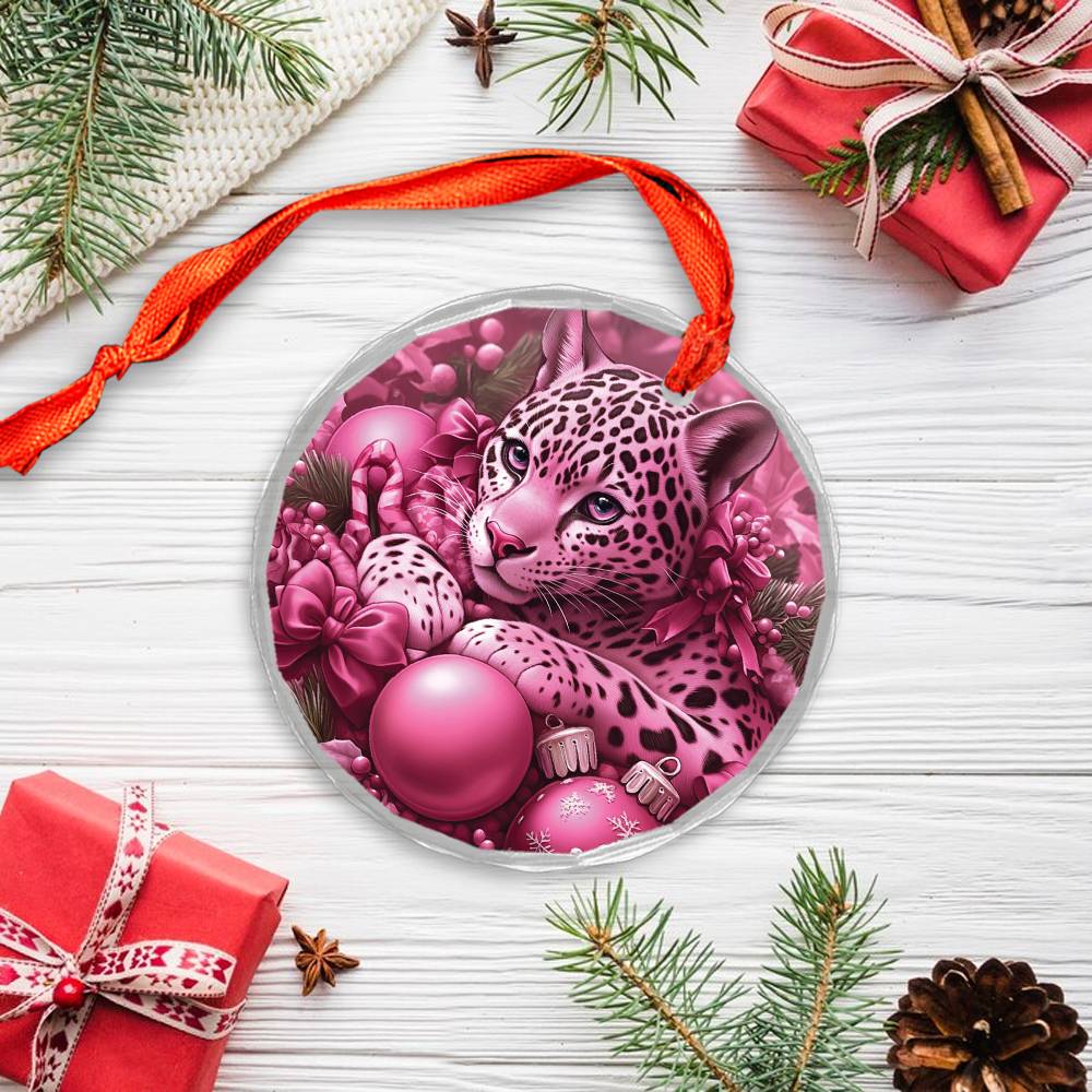 Jaguar Pink Christmas Design 1 Glass Ornament