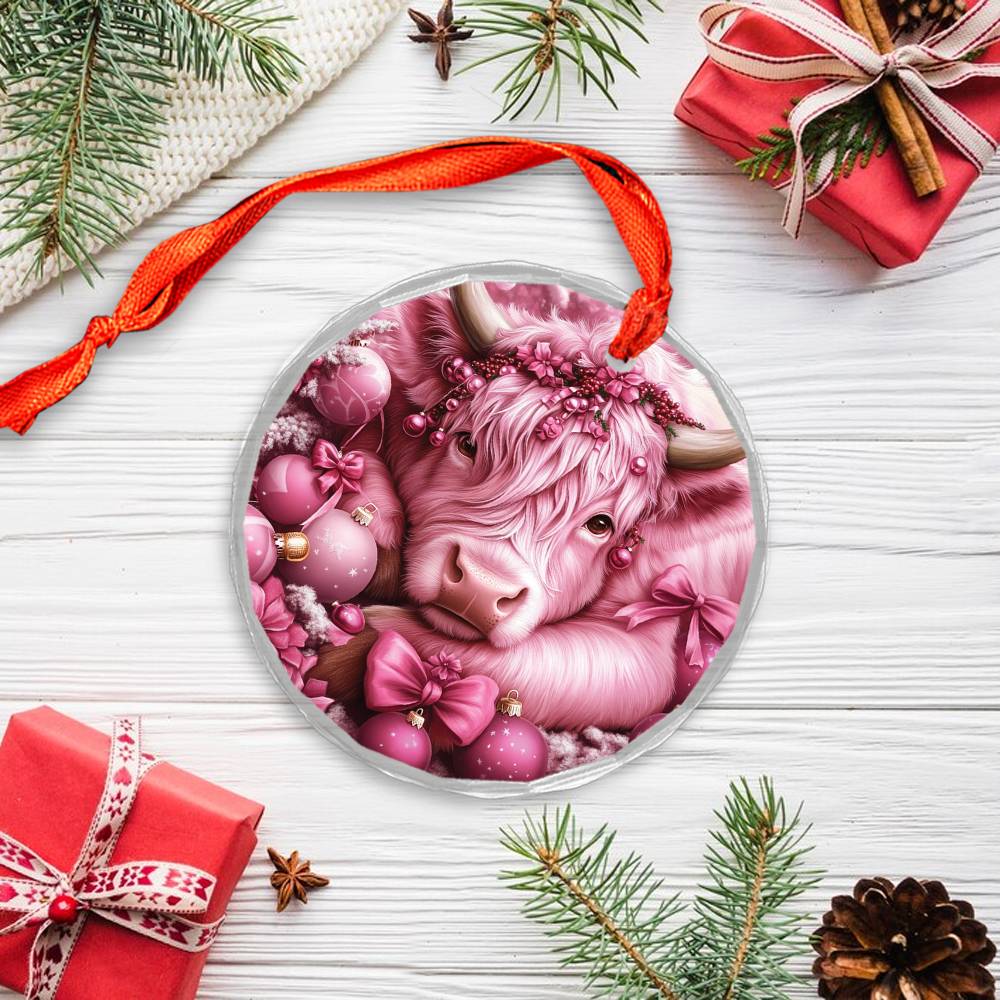 Highland Cow Pink Christmas Design 3 Glass Ornament
