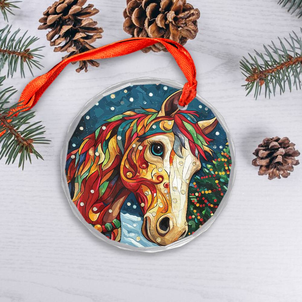 Beautiful Horse Christmas Night Design 1 Glass Ornament