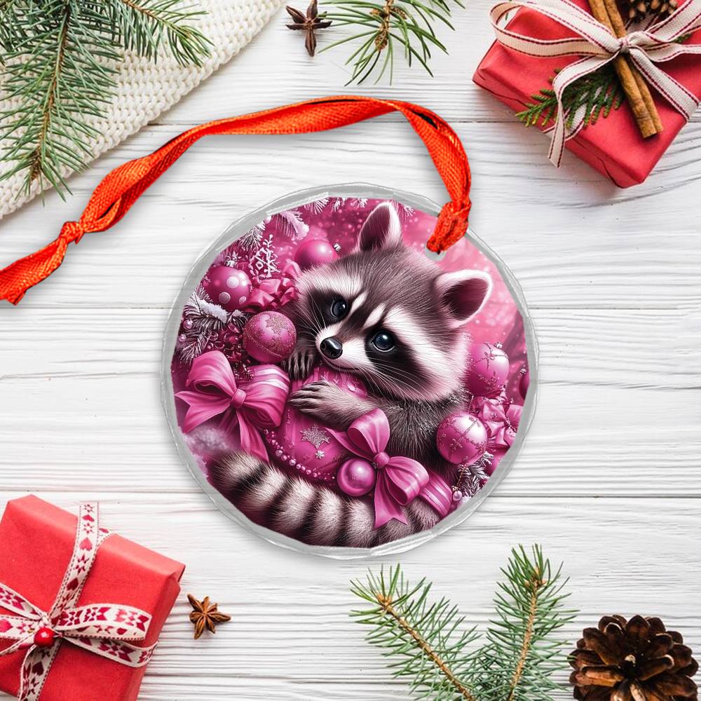 Racoon Pink Christmas Design 1 Glass Ornament