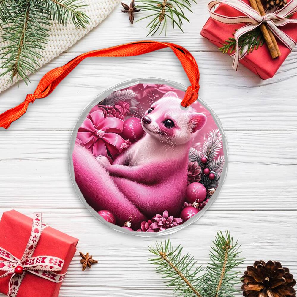 Ferret Pink Christmas Design 2 Glass Ornament