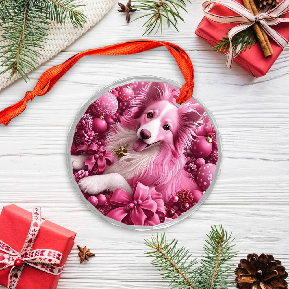 Collie Dog Pink Christmas Design 1 Glass Ornament
