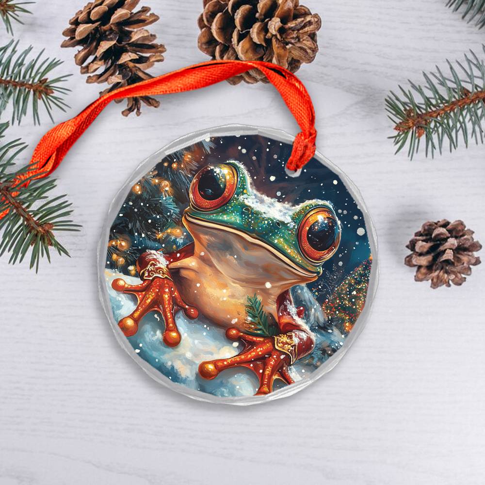 Beautiful Angus Frog Christmas Night Design 3 Glass Ornament