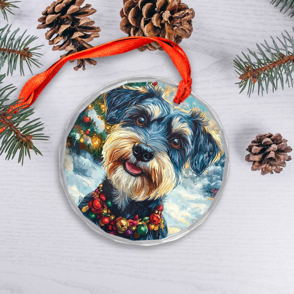 Beautiful Angus Miniature Schnauzer Dog Christmas Night Design 1 Glass Ornament