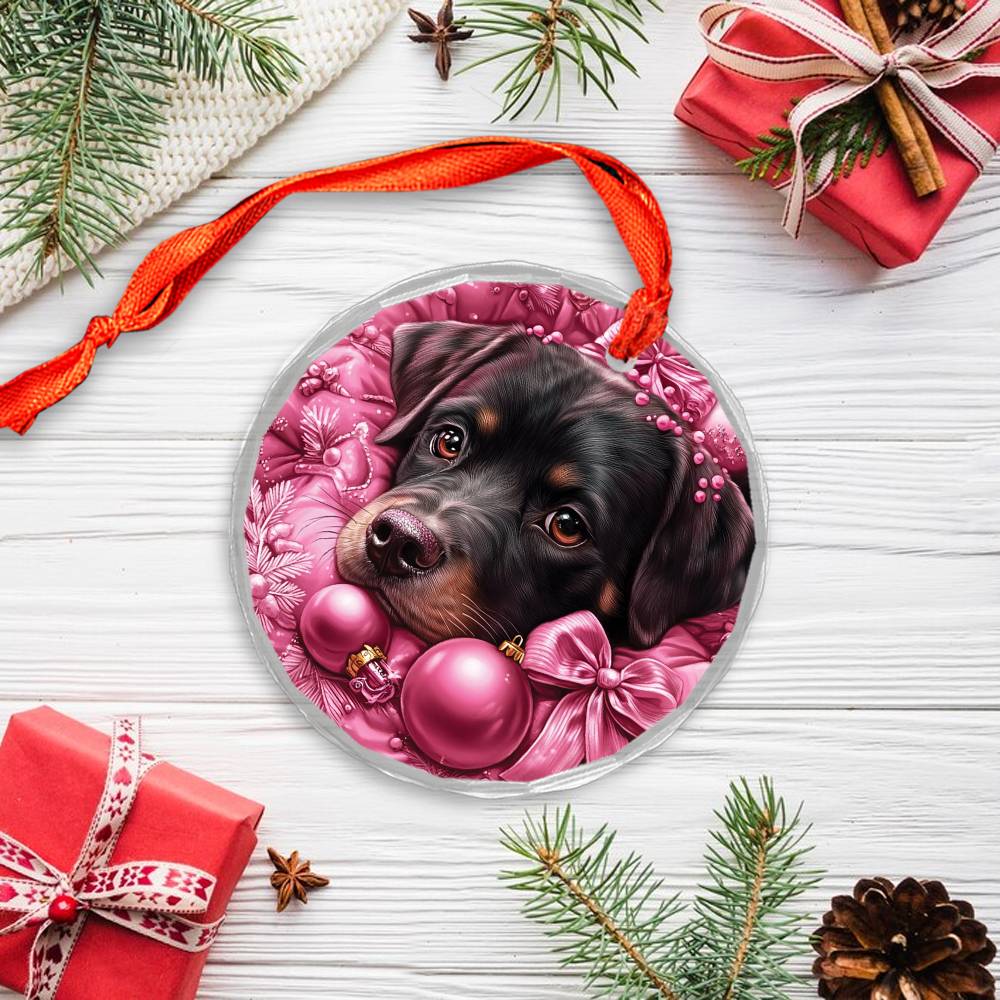 Christmas Rottweiler Dog Pink Christmas Design 2 Glass Ornament