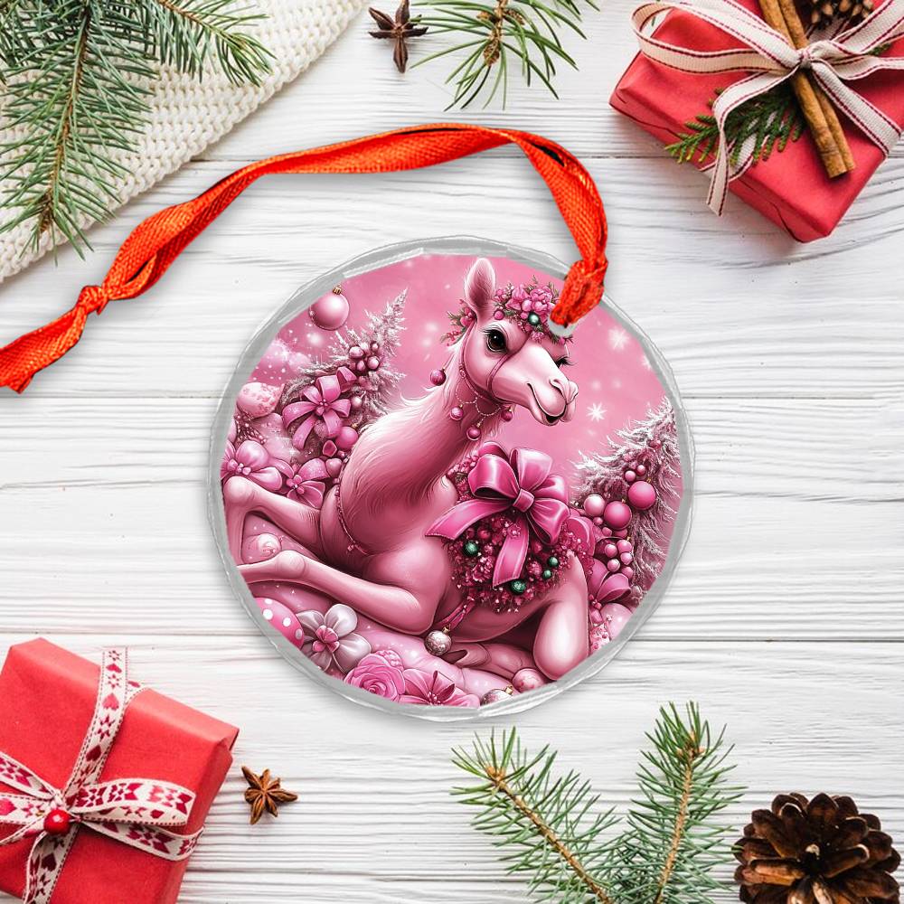 Camel Pink Christmas Design 3 Glass Ornament